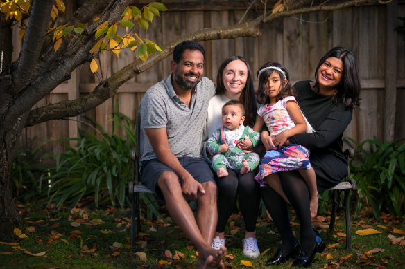 Vikram Gopal and Mary O’Connell with their children Tavish and Eila and, right, researcher Dr Levita D’Souza.