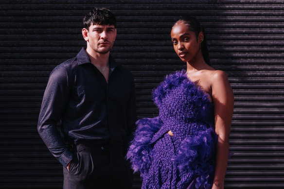 Code switching ... models Markus Galloway, wearing Christian Kimber, and Reem Elbour, wearing Youkhana.