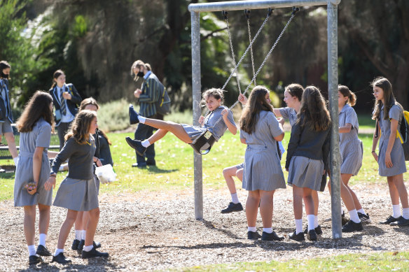 Albert Park College students at Gasworks Park on Tuesday. Resident complaints mean they might be restricted to a much smaller section of the park in the future.