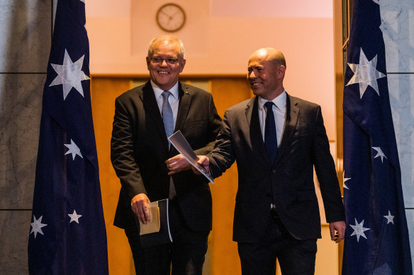 Treasurer Josh Frydenberg and Prime Minister Scott Morrison post-budget.