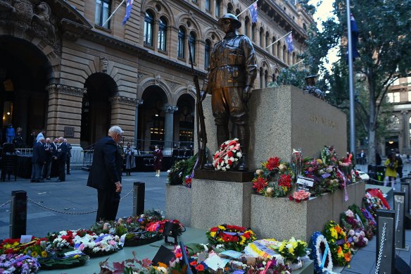 Wreaths lay at the cenotaph in Martin Place on Anzac Day.