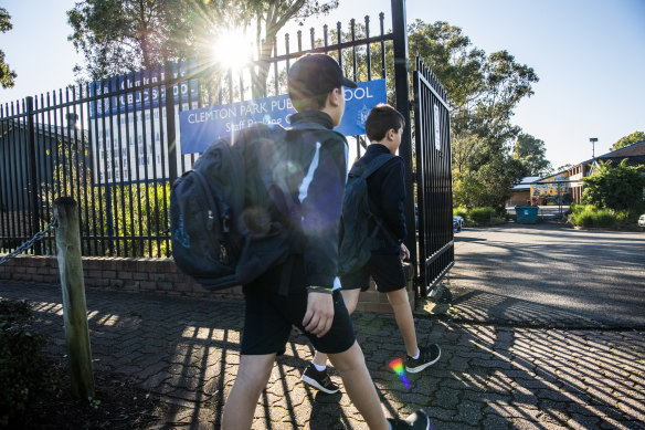 The children of essential workers attend Clemton Park Public School in Earlwood on Tuesday. 