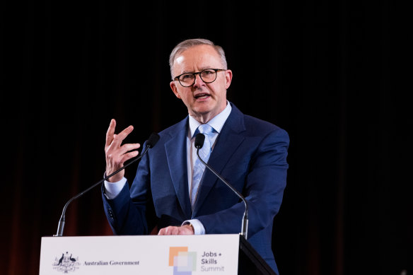 Anthony Albanese delivers closing remarks at the Jobs and Skills Summit in Canberra on Friday. 
