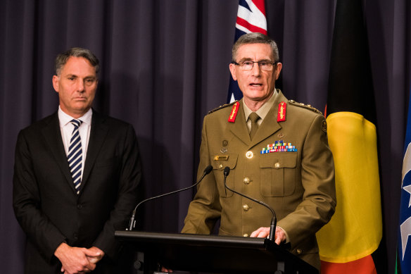 Deputy Prime Minister Richard Marles, left, with Chief of the Defence Force General Angus Campbell, at a press conference announcing senior ADF appointments.