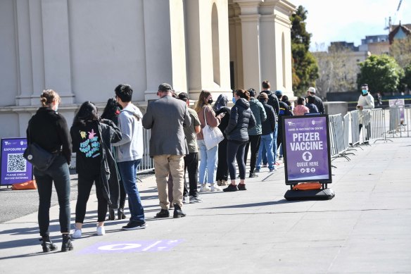 Queues at the vaccination centre in Carlton on Monday.