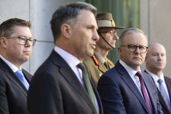Prime Minister Anthony Albanese with (from left) Defence Industry Minister Pat Conroy, Defence Minister Richard Marles, Defence Force Chief General Angus Campbell and Defence Department secretary Greg Moriarty.