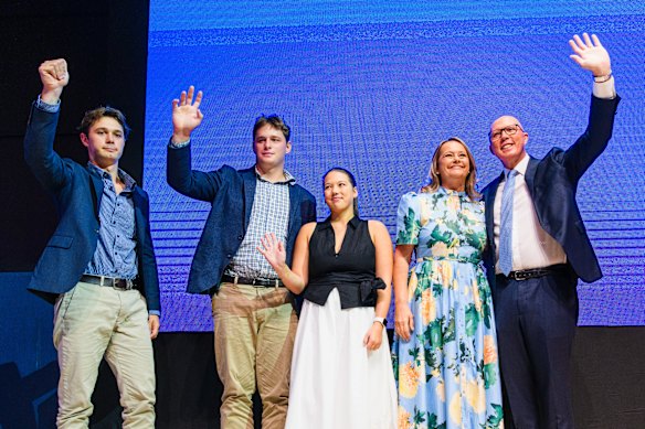 Dutton with wife Kirilly and children (from left) Harry, Tom and Bec after his speech at the Coalition campaign launch on April 13.