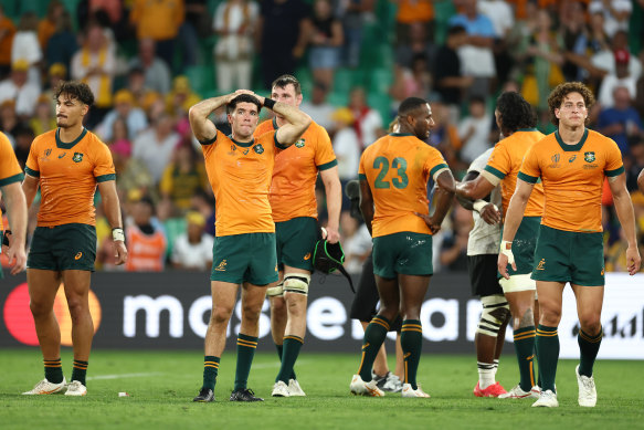 A dejected Ben Donaldson tells the story after the Wallabies’ loss to Fiji in Saint-Etienne.