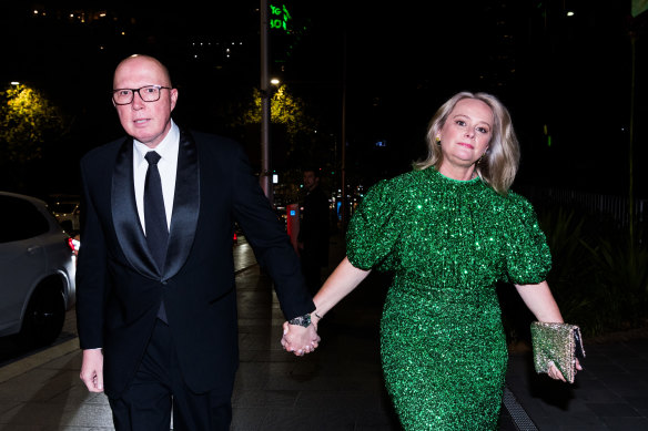 Opposition Leader Peter Dutton and wife Kirilly arrive at The Australian’s 60th anniversary party in July.