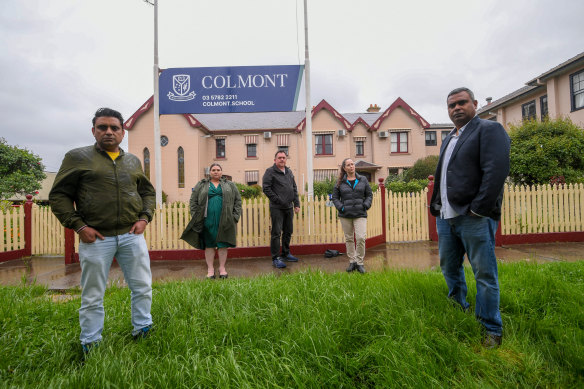Administrators have recommended Colmont School be put into liquidation. an investor. But it hangs on approval 
Parents and teachers L-R Amit Verma, Melissa Ryan, Leigh Eeles, Julie Daniella and Alok Thakur.