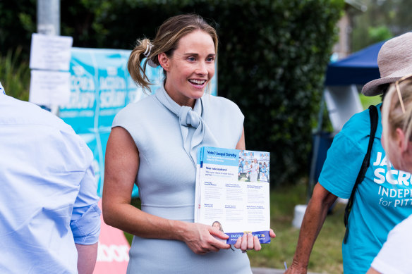 Pittwater teal candidate Jacqui Scruby, pictured on election day, spent time with family on Sunday following the “rollercoaster” campaign. 