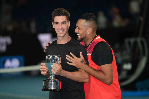 Nick Kyrgios and Thanasi Kokkinakis with the trophy.