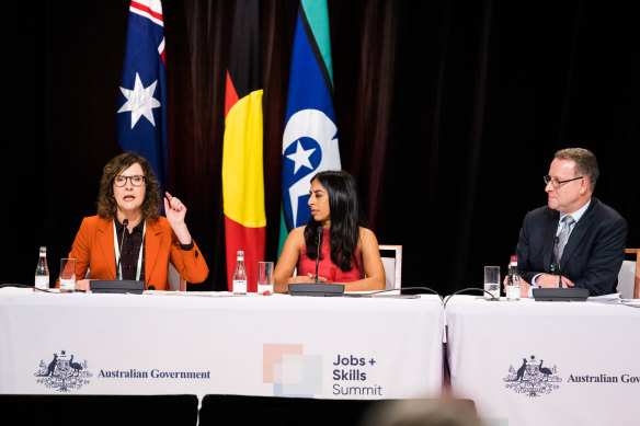 Australian Nursing and Midwifery Federation federal secretary Annie Butler, University of Adelaide Associate Professor Joanna Howe, and Australian Chamber of Commerce CEO Andrew McKellar address the jobs summit today.