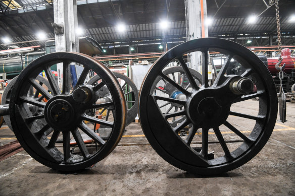 Locomotive wheels at the workshops.