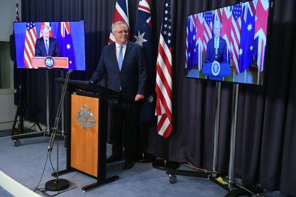 Prime Minister Scott Morrison at  a joint press conference announcing the nuclear submarine agreement. 