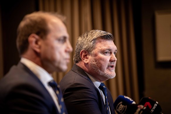 Rugby Australia chief executive Phil Waugh (left) and Daniel Herbert, who became chairman in mid-November 2023.