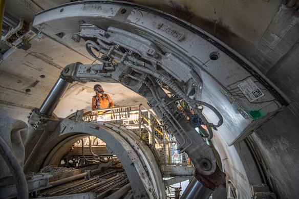 A boring machine tunnels under Darling Harbour for the Metro West project.