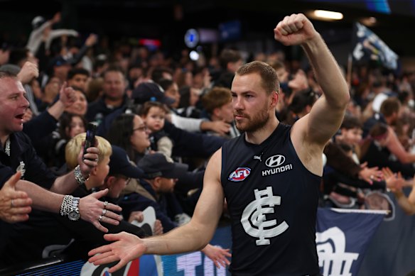 Harry McKay with the Blues faithful after stunning the Dockers at Marvel Stadium.