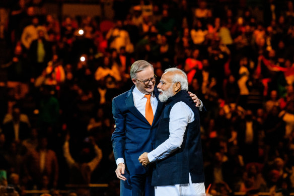 Anthony Albanese appeared beside Narenda Modi in front of thousands of people at Sydney Olympic Park.