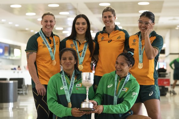 Several members of the Australian women’s sevens team with the World Cup.