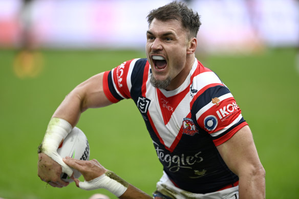 Angus Crichton scored a double for the Roosters on Sunday.