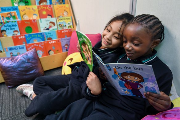 Clayton South Primary students Jay Rose Garcia and Sienna Thea learn to read using systematic synthetic phonics. 