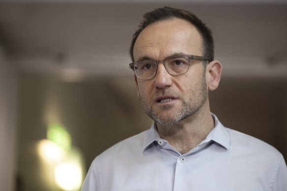 Greens leader Adam Bandt during a doorstop interview in the press gallery, at Parliament House in Canberra.