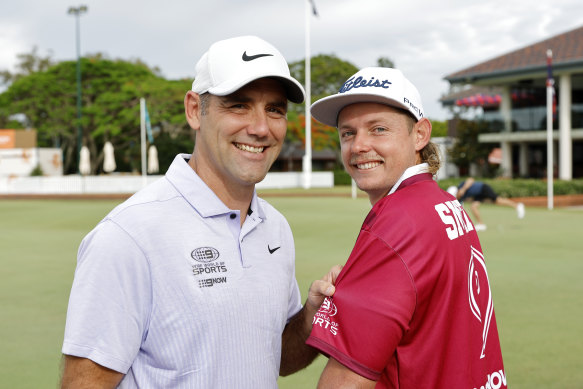 Cameron Smith the rugby league player with his golfing namesake before the Australian PGA Pro-Am at Royal Queensland on Wednesday.