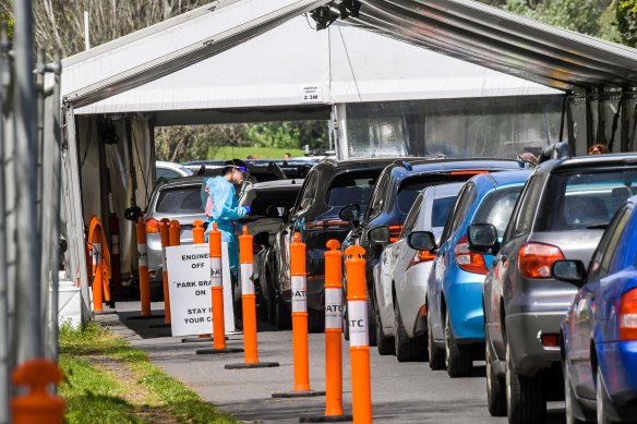 The COVID-19 testing line at Albert Park.