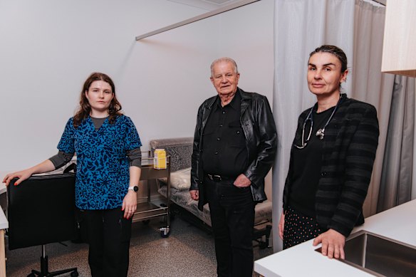 Registered nurse Lex Sevill, the Reverend Bill Crews and Dr Nada Andric, in one of the empty consultants’ rooms at the Blacktown clinic that need to be filled.