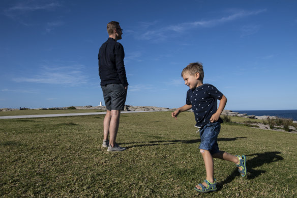 Matt with his son, aged 4, who has been turned away from their childcare centre, near their Maroubra home. 