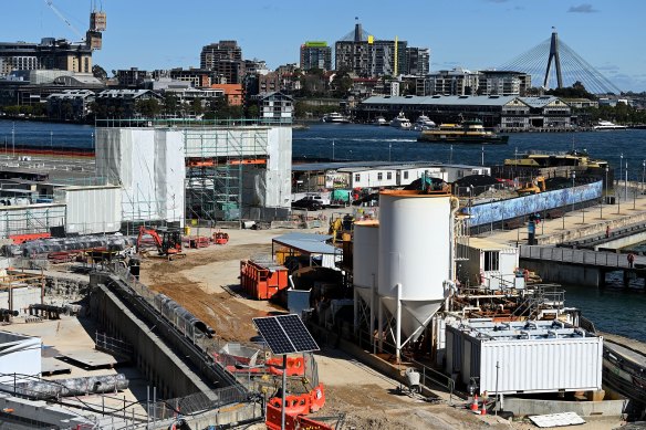 Construction of the Barangaroo metro station in August. The proposed tower would go above the railway station.