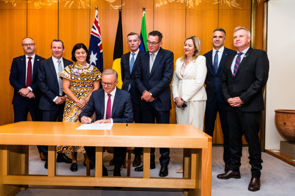Australian prime minister Anthony Albanese and Premiers and Chief Ministers sign a Statement of Intent for First Minister’s’ support for a Voice to Parliament .