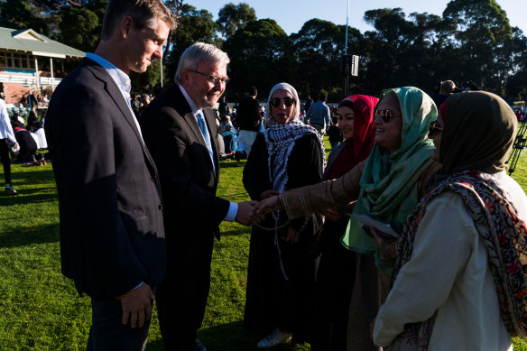 Former Labor Prime Minister Kevin Rudd meets members of western Sydney’s Muslim community at Eid celebrations in Parramatta.