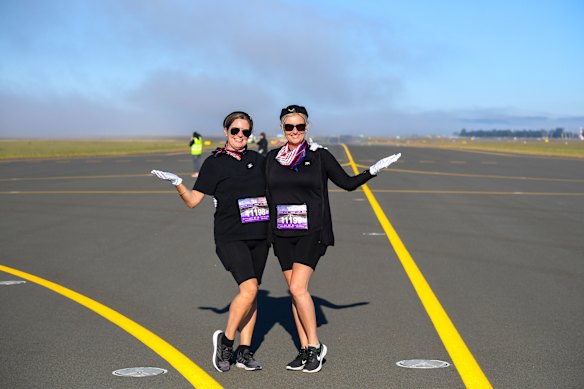Sisters Ceri and Rhian Lewis on one of the main runways. They left Ansett in 1999, one year before the airline closed down. 