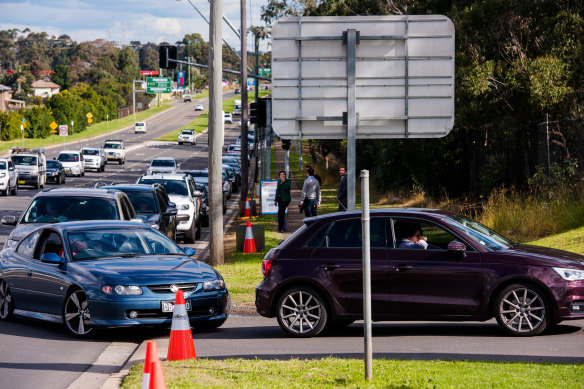 The head of the queue before it reaches the car park at the Crossroads Hotel on Monday.