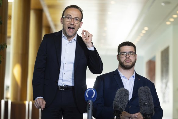 Greens leader Adam Bandt and Senator Jordon Steele-John, the Greens foreign affairs spokesperson, at a press conference today.