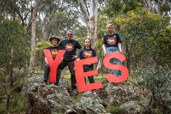 Peter Sharp (left), the great-grandson of Alfred Deakin, with Gunditjmara man Reg Abrahams and First Nations women Erin Fahy and Nikki Whitfield.