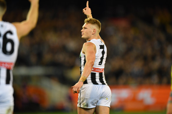 Adam Treloar in Collingwood colours in the 2018 preliminary final