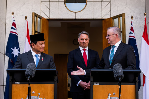 Indonesia’s president-elect Prabowo Subianto, Australian Defence Minister Richard Marles and Prime Minister Anthony Albanese in Canberra on Tuesday.