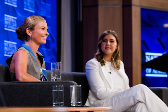 Grace Tame and Brittany Higgins during their address to National Press Club in Canberra last year.