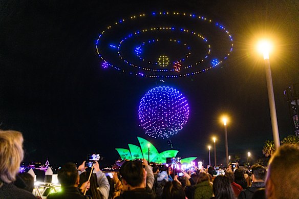 The drone show over Sydney Harbour during Vivid 2023.