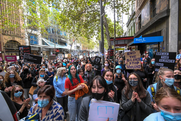 Protesters at the Women’s March 4 Justice at Treasury Gardens in Melbourne on  March 15.