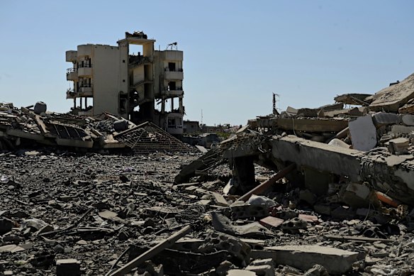Destroyed residential buildings in the Abbassiyeh District in Tyre on Monday, where an Israeli airstrike hit.