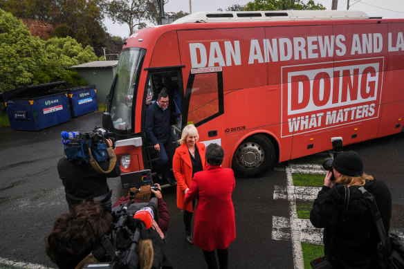 Premier Daniel Andrews and wife Cath Andrews get off Labor’s “big red bus” in Ballarat East for the first official day of the 2022 election campaign.