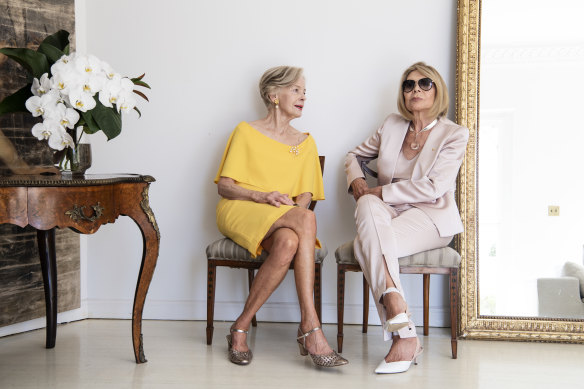 Carla Zampatti (right) and Quentin Bryce at Zampatti's Sydney home on Tuesday.