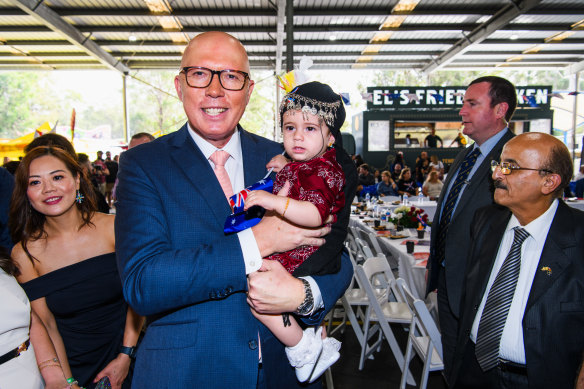 Opposition Leader Peter Dutton in the electorate of Fowler for the Assyrian New Year celebrations at Fairfield Showgrounds in Sydney on Sunday.