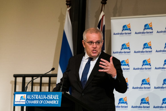 Scott Morrison addresses the Australia-Israel Chamber of Commerce on Wednesday.