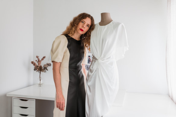 Bianca Spender in her Sydney studio with one of the styles from her new bridal wear collection.