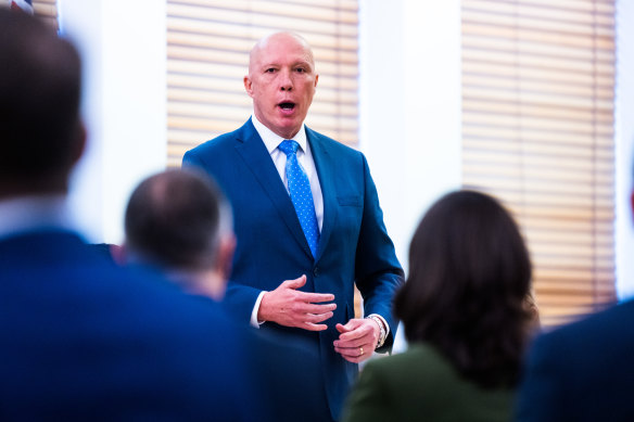 Opposition leader Peter Dutton addresses his coalition colleagues in Canberra on Tuesday.